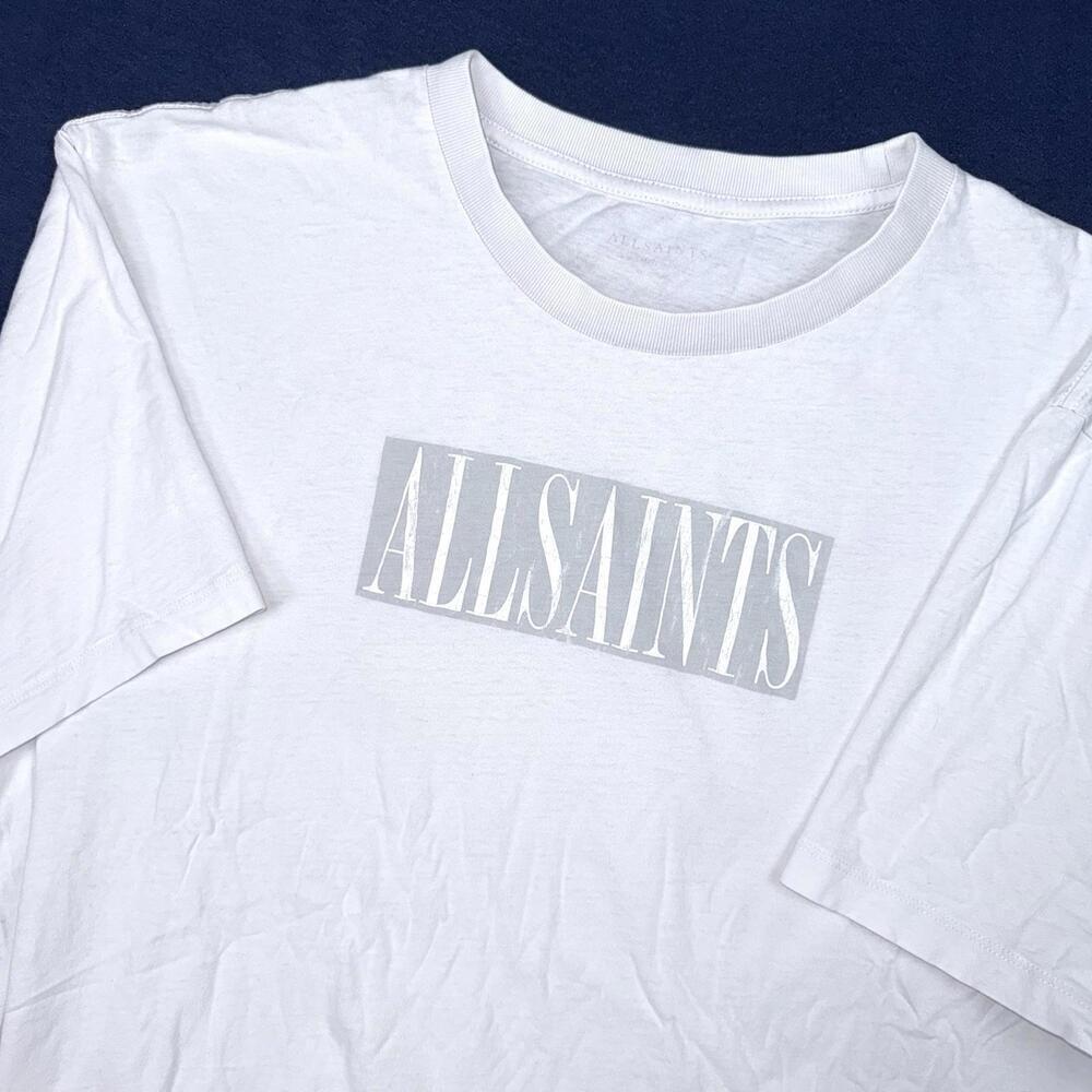 AllSaints White Logo T Shirt double Print Cotton Men Size L Minimalist Design